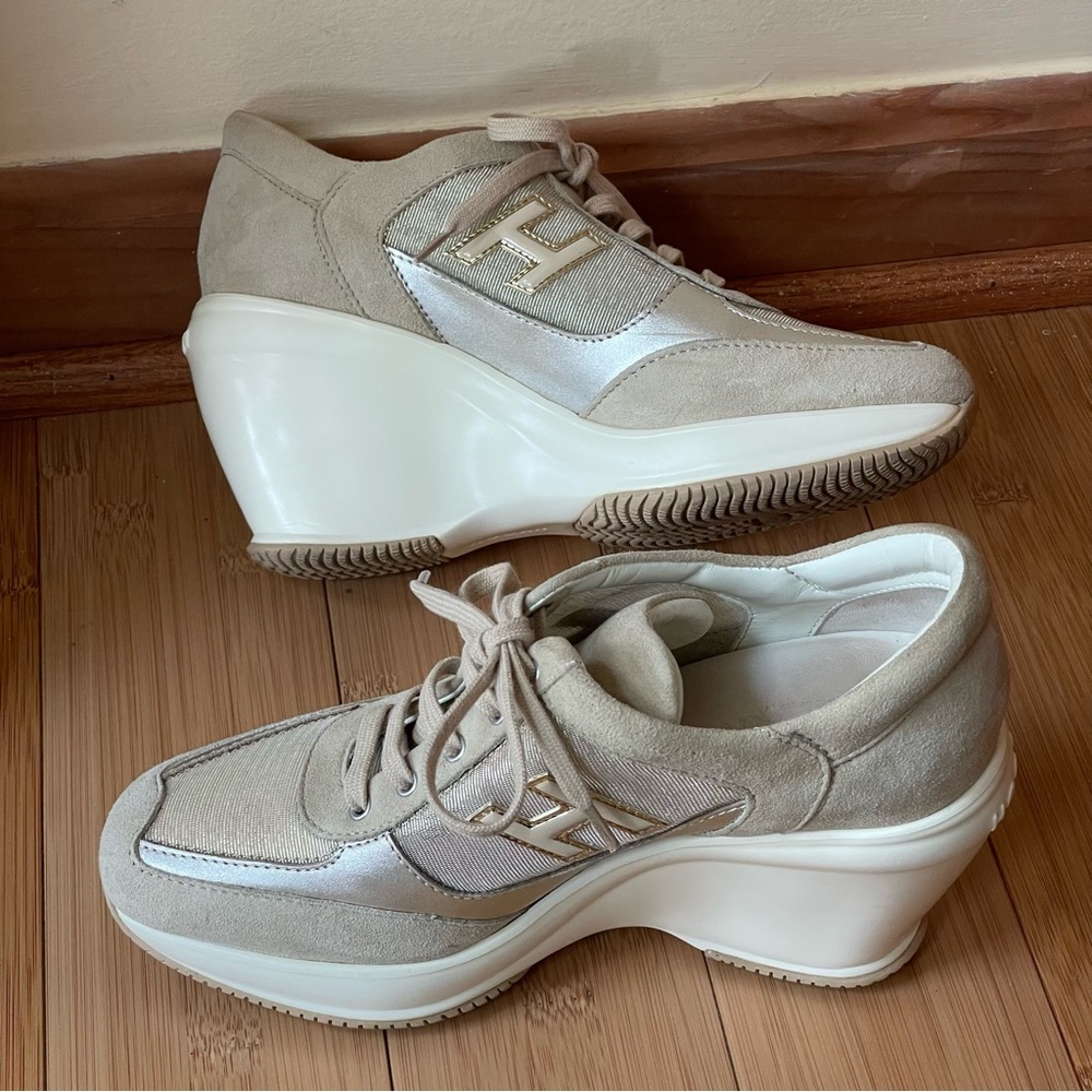 HOGAN Italian High Wedge Sneakers  Gold Beige Size EU 37